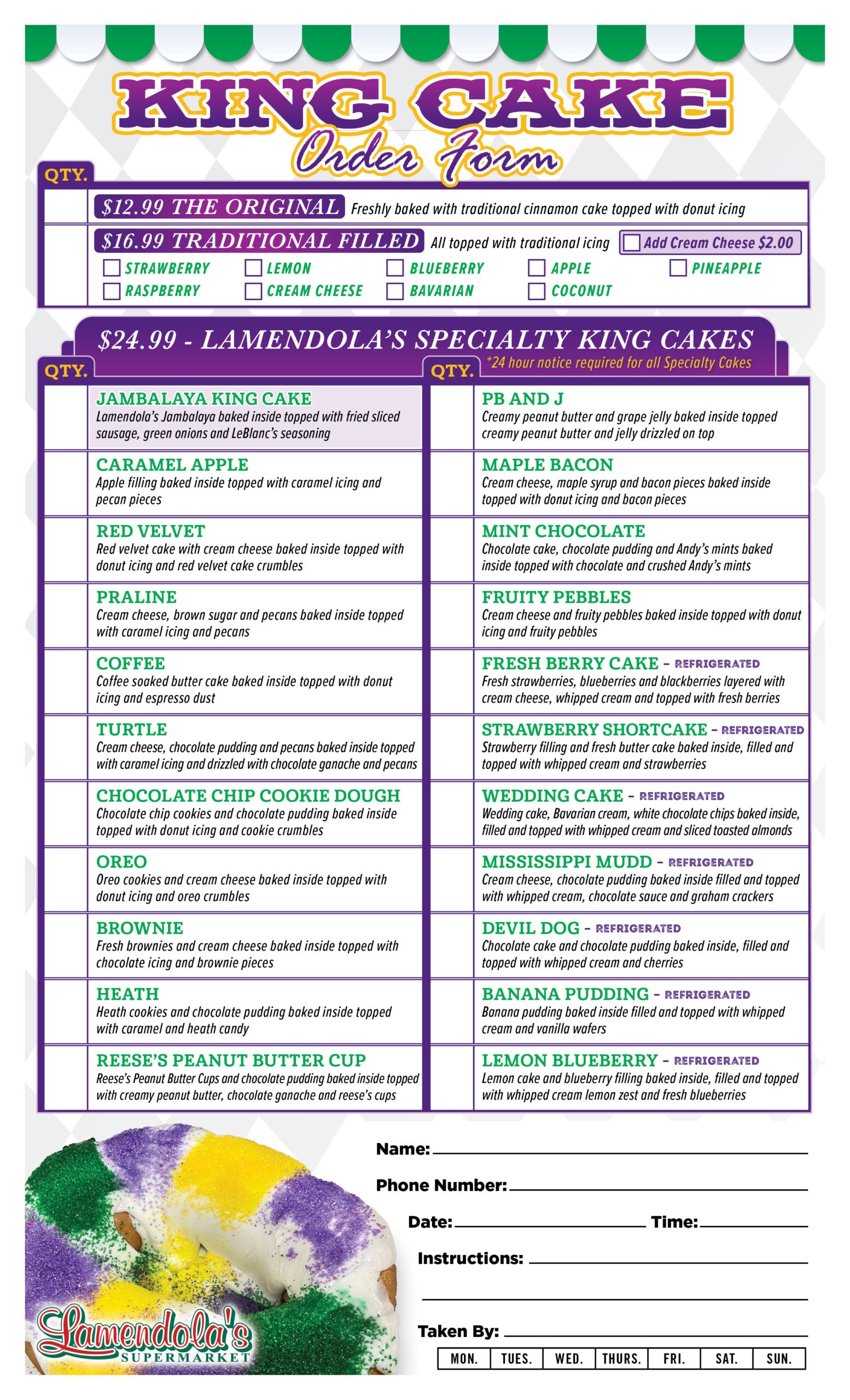 Lamendola's 2024 King Cake Order Form