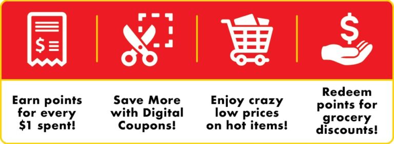 Earn Points: Get 1 point for every $1 you spend. Digital Coupons: Save more with exclusive digital coupons. Crazy Low Prices: Enjoy special, low prices on hot weekly items. Redeem Rewards: Use your points to get discounts on your groceries.